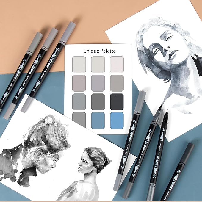 ZSCM Gray Duo Tip Marker Pens, 12 Pack Fine & Brush Markers for Adult Coloring Books No Bleeding, Neutral Gray Markers for Shading, Urban Sketches, Architectural Drawings and Realistic Textures