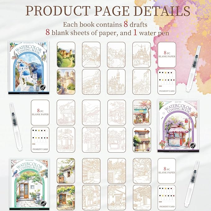 NaTuGi 3Pac Watercolor Workbook for Adults,Watercolor Coloring Book,Portable Watercolor Painting Books,Creative Stress Relief Kit,Suitable for Beginners Birthday Gift (Architecture Series 3pc)