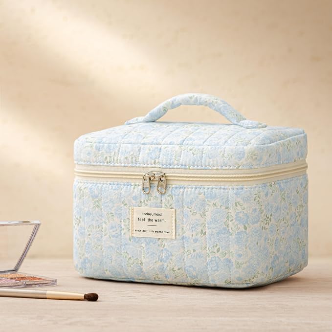 HBselect Quilted Makeup Bag, 3Pcs Cotton Large Travel Makeup Bags Organizer | Cute Floral Make up Bag Cosmetic Bag Toiletry Bag for Women Girls, Makeup Pouch for Skincare, Brushes & Travel Essentials
