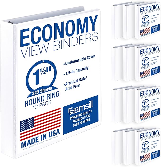 Samsill 1.5 Inch 3 Ring Binders, Economy Round Ring, Clear View Cover, 325 Sheet Capacity - for School, Home, Office - White, 12 Pack