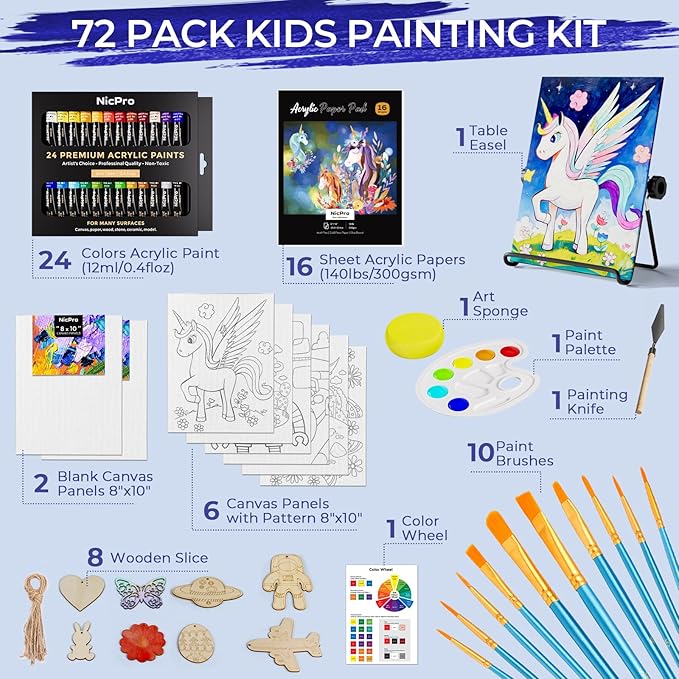 Nicpro 72PCS Kids Painting Set with Pattern Canvas, Art Painting Supplies Kit with 24 Acrylic Paints,10 Brushes, 8 Canvas Panels,Table Easel,Paper Pad,Color Wheel,Palette for Beginner Students