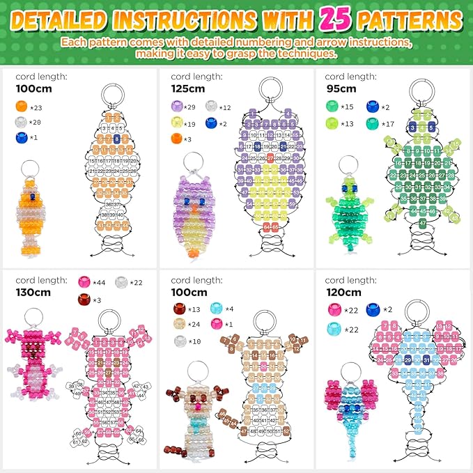 Pony Beads Kit for Keychain Making, Glow in the Dark Bead Pets for Kids Beginners，Includes Instructions for 25 Animal Designs and Storage Box, Kids Craft Kit for Rainy Day Group and Family Activities