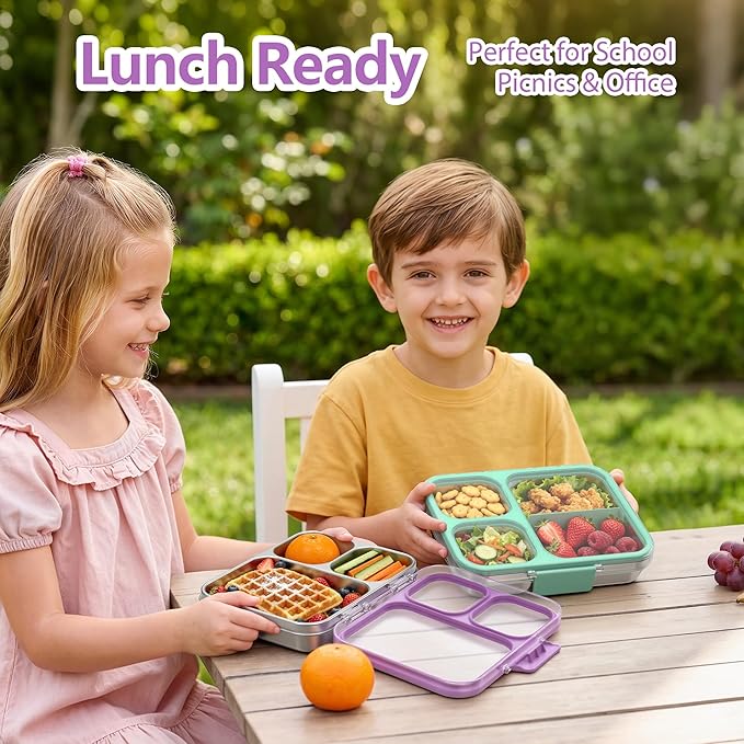 HOMEKOL Stainless Steel Bento Lunch Box, 3-Compartment Leak-Proof Metal Lunch Container for Kids & Adults, BPA-Free, Dishwasher Safe, Clear Tritan Lid, 4.2Cups/1000ml Purple (Not Insulated)