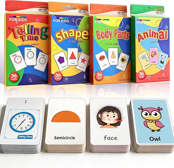 4 Set in 1, 144 Pcs Flash Cards for Toddlers 1-3, Word-Picture Recognition - Telling Time, Animal, Shape, Body Parts Flashcards for Toddler 1-3, Flash Cards for Toddlers 1-3