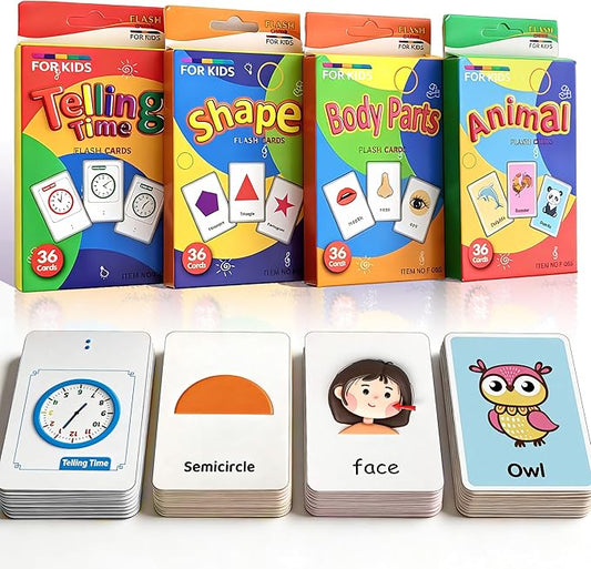 4 Set in 1, 144 Pcs Flash Cards for Toddlers 1-3, Word-Picture Recognition - Telling Time, Animal, Shape, Body Parts Flashcards for Toddler 1-3, Flash Cards for Toddlers 1-3