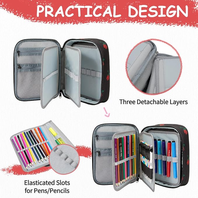 VASCHY Large Pencil Case Bag, Art Supply Marker Organizer Big Pen Pouch with Detachable Layers Slots Multiple Zipper Pockets for Kids Adults School Office Black Rose