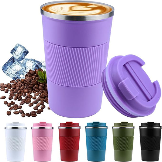 Travel Coffee Mug 13 Oz Insulated Reusable Stainless Steel Mug with Lid - Spill Proof for Hot & Iced Drinks (Purple)