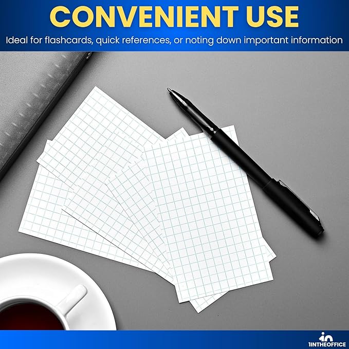 1InTheOffice Graph Ruled Index Cards 3x5, Index Cards Grid Ruled, Lined Notecards 3x5, White, 400 Pack