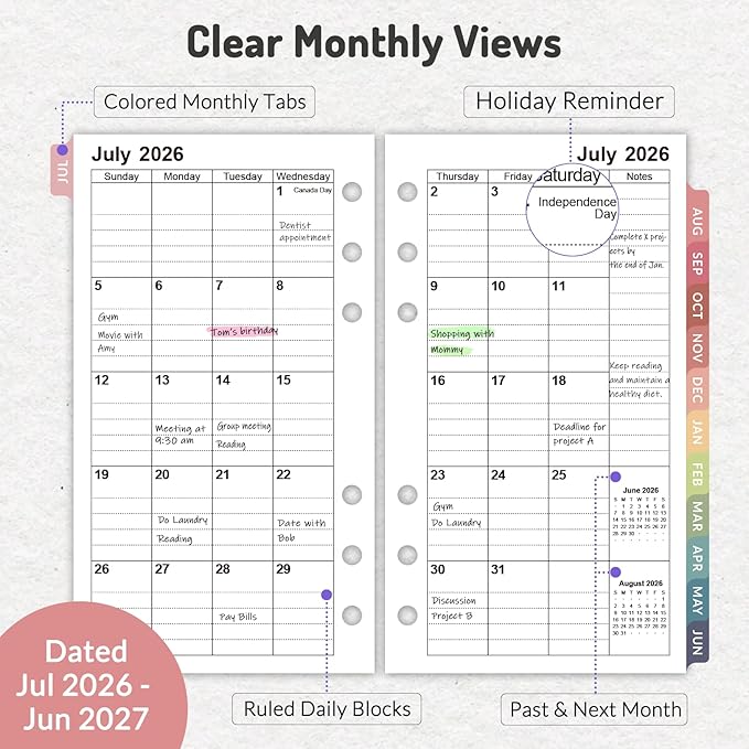 Forvencer 2026 Weekly & Monthly Planner Refills for A6 6-Ring Binders, July 2026 - Jun 2027, 6-Hole Punched Planner Inserts with Colorful Monthly Tabs, Pocket Calendar Organizers, 3-3/4" x 6-3/4"