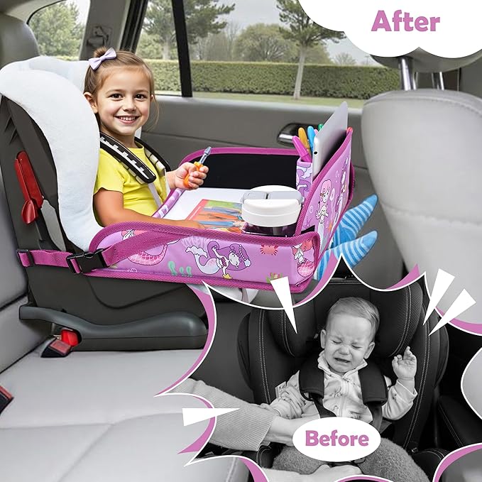 Kids Travel Tray for Toddler Carseat, Road Trip Activities Essentials, Kids Lap Desk Tray with Tablet Holder Stand and Dry Erase Board, Mermaid