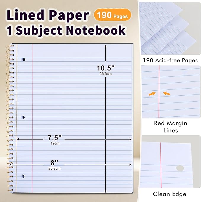 MUAHLIUB Spiral Notebook College Ruled Paper 8" x 10-1/2", 1 Subject Spiral Notebook, 3-Hole Punched Perforated Pages Ideal for School, Office, Writing, 95 Sheets Lined Journaling Notebook, Black