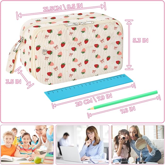 WOBAGMEN Cute Pencil Case,Large Corduroy Zippered Pencil Case Pouch, aesthetic Pencil Bag with Compartments, Pencil Pouch School Supplies (HY-corduroy pc-strawberry)