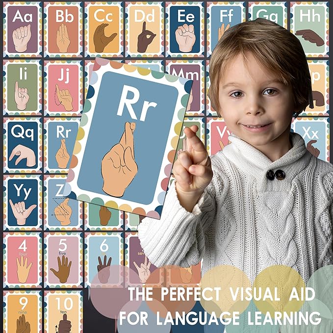 YIYDONG 36 Pieces ASL Alphabet Line Bulletin Board Set ABC Number Sign Language Flash Cards Wall Decorations for Pre-School Kindergarten Elementary Classroom Nursery Homeschool (Bohemia)