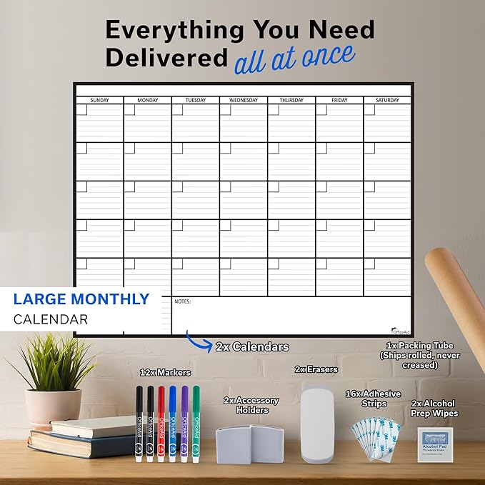 2 PK Large Dry Erase Calendar for Wall | 36x48 | Large Wall Calendar Dry Erase Monthly | 1M 17x26, 24x36, 3M 40x17, 12M 45x55 | Dry Erase Calendar Board for Wall | Whiteboard Calendar | Calendar Whiteboard