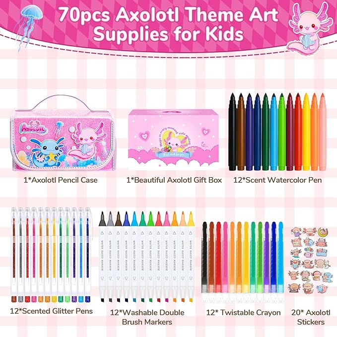 Axolotl Arts and Crafts for Girls Ages 4-5-6-7-8, 70 PCS Art Supplies Set with Kawaii 3D Pink Pencil Case, Washable Dual Markers, Scented Gel Pens, Twist-up Crayons & Axolotl Stickers, Birthday Gift