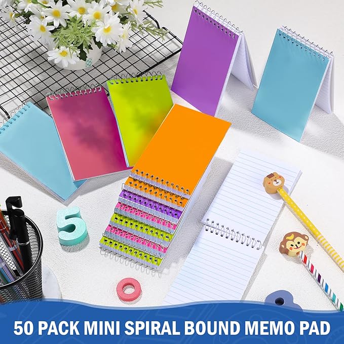Teling 100 Pieces Spiral Memo Pads Bulk 3 x 5 Inch Small Note Pads Top Bound Lined College Ruled Paper Mini Notepad Pocket Spiral Notebooks for School Office Home Supplies, 75 Sheets (Fresh Colors)