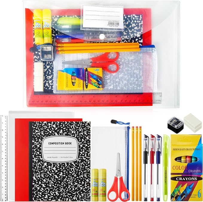 AmazingSpark 1 Set Back to School Supplies Kit for Students Grade 7-12 Donation Kits Back to School Supplies Bundle Essentials Includes Folder Highlighters Crayons Notebooks Scissors and More