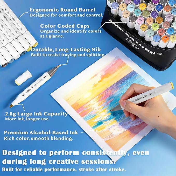 80 Colors Alcohol Markers Dual Tip Set, Chisel & Fine, 2.8g High Ink Capacity, Easy Blending Art Markers for Artists, Adults Coloring, Sketching, Drawing, Illustration & Painting with Carrying Case