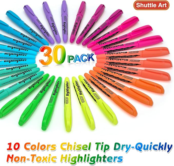 Shuttle Art Highlighters, 30 Pack Highlighters Assorted Colors, 10 Colors Chisel Tip Dry-Quickly Non-Toxic Highlighter Markers for Adults Students Highlighting in Home School Office