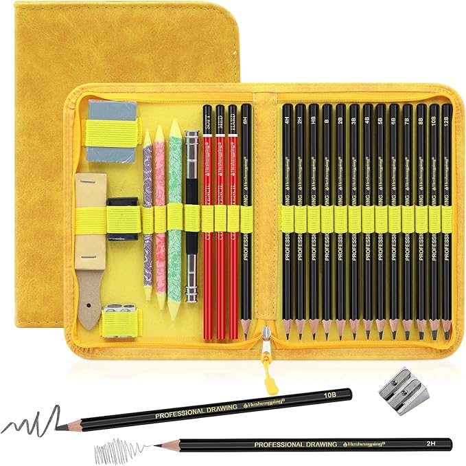 Heshengping Sketching and Drawing Pencils Set 26pcs, Art Supplies Drawing pencil Kit,Graphite Charcoal Professional Pencils Set, Adults Beginners Artist