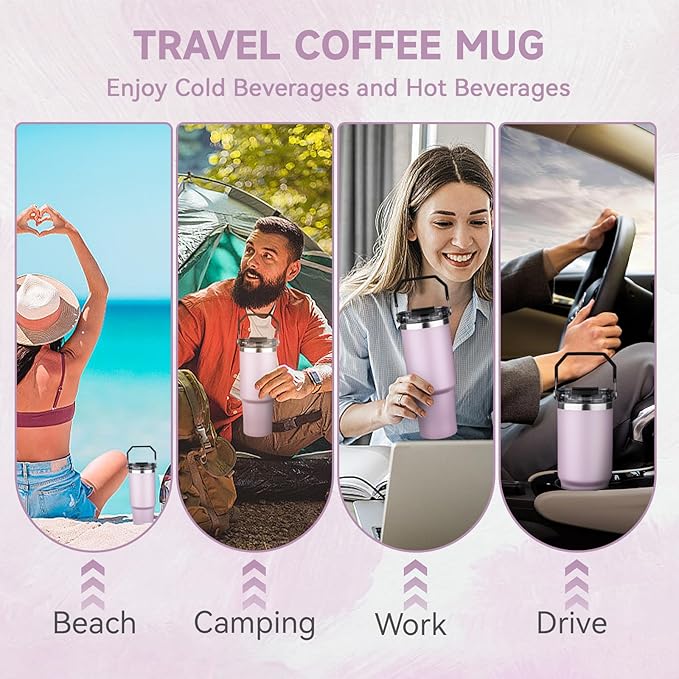 30oz Tumbler with Handle and Flip Straw Lid Double Wall Insulated Travel Coffee Mug Stainless Steel Vacuum Insulated Coffee Tumbler Cup for Hot and Cold Beverages,Leak-proof&BPA-free (30oz,Purple)