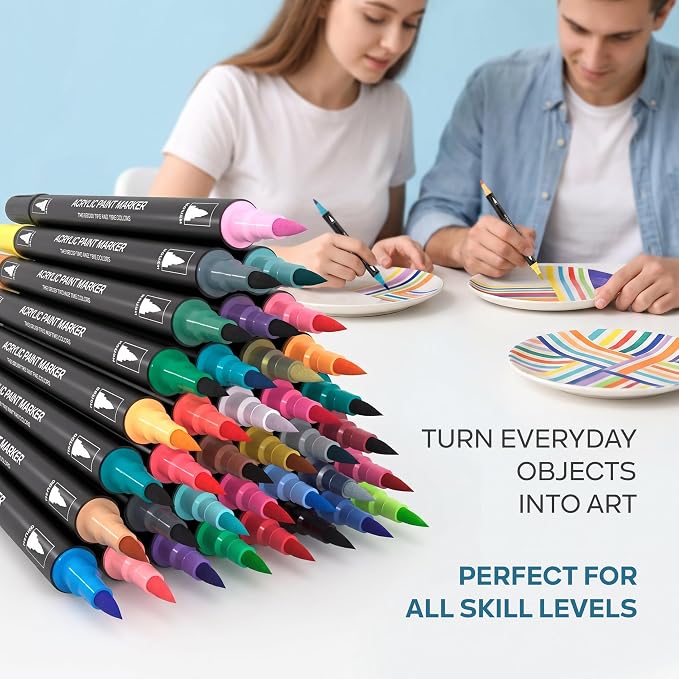 120 Dual Tip Acrylic Paint Markers Set | Colored Markers with Brush Tip | Art Markers for Adults | Acrylic Paint Pens for Rock Painting, Canvas, Glass, Wood, Ceramic, DIY Crafts, Fabric