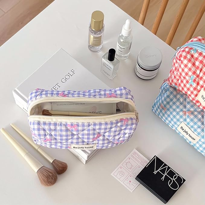 Carry bloom Pencil Pouch Cute Pencil Case for Girls Aesthetic Pencil Bag with Zipper Pen Cases School Supplies Makeup Bag (Checkered bow blue)