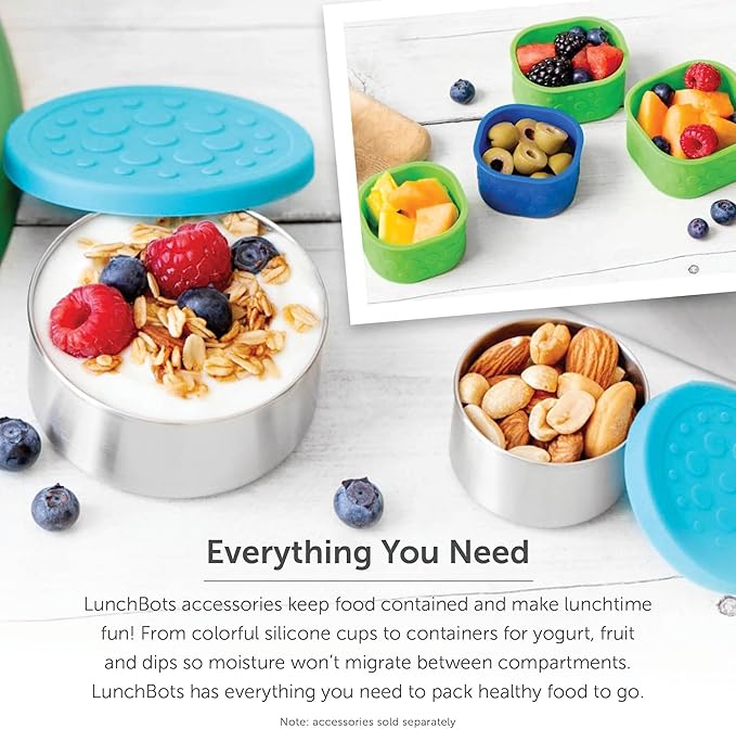 LunchBots Small Protein Packer Bento Box - Extra Small Divided Stainless Steel Snack Container - 4 Sections for 1-2oz of Nuts, Meat, Cheese, Finger Foods - Dishwasher Safe - Stainless Lid