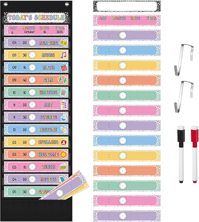 Pasimy Daily Schedule Pocket Chart for Classroom 15+1 Pockets with 31 Double Sided Reusable Cards 2 Magnetic Erasable Pens & Hangers Visual Schedule Chart School Office Home Decor(Black,Composition)