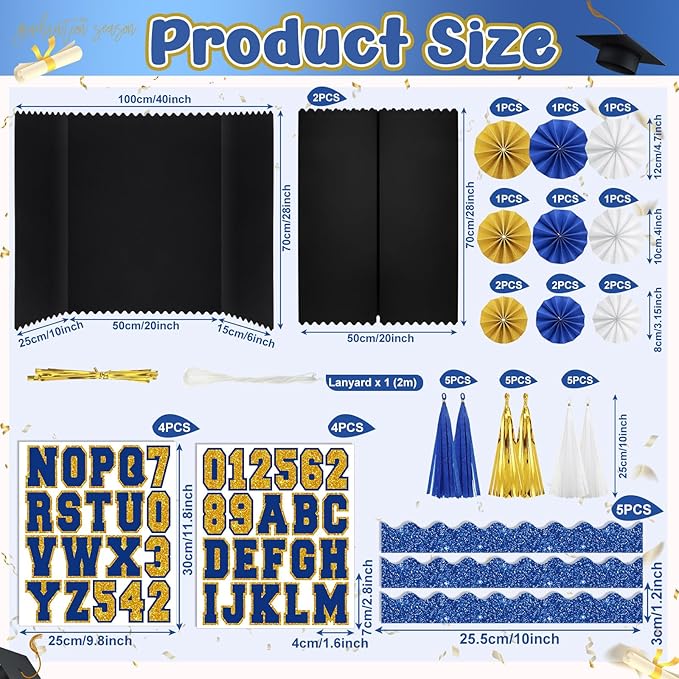 31 Pcs Graduation Photo Display Board Decoration 40"x28" Trifold Poster Board Graduation Themed Stickers Grad Fan Tassel Garland for 2026 Grad Party College Picture Frame(Blue Gold Silver)