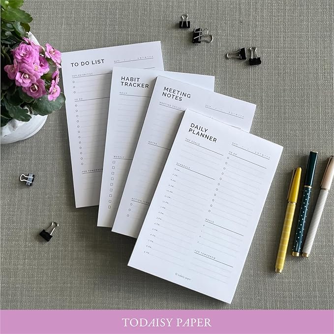 To Do List Planning Pad 5.5 x 8.5" Notepad with Task Organizer includes sections for Top Priorities, To Do List and Follow up For Tomorrow. 50 tear off sheets by Todaisy Paper.