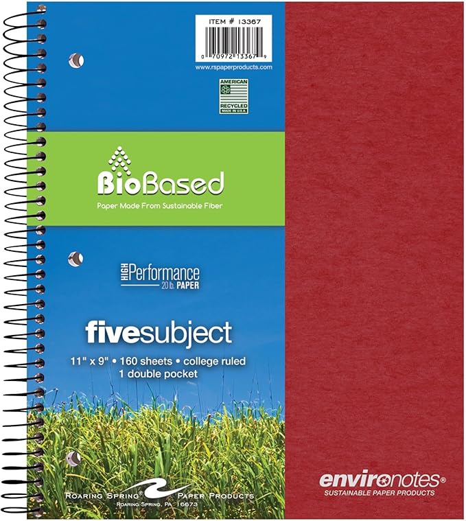 Roaring Spring Environotes Recycled Spiral Notebook, 5 Subject, 11" x 9", 160 Perforated Sheets, 20 lb Bio-Based Paper, College Ruled w/ Margin, Assorted Earthtone Covers, Double Pocket, 4 Dividers, Made in USA