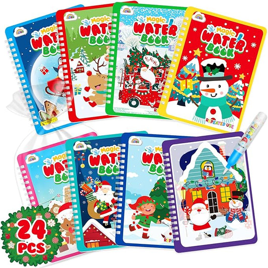 ZMLM 24 Pack Water Coloring Book for Toddlers - Mess Free Water Painting Book,Reusable Magic Paint with Water Doodle Books Party Favors for Kids Ages 3-5 Drawing Toys Gift for Girl Boy (Christmas)