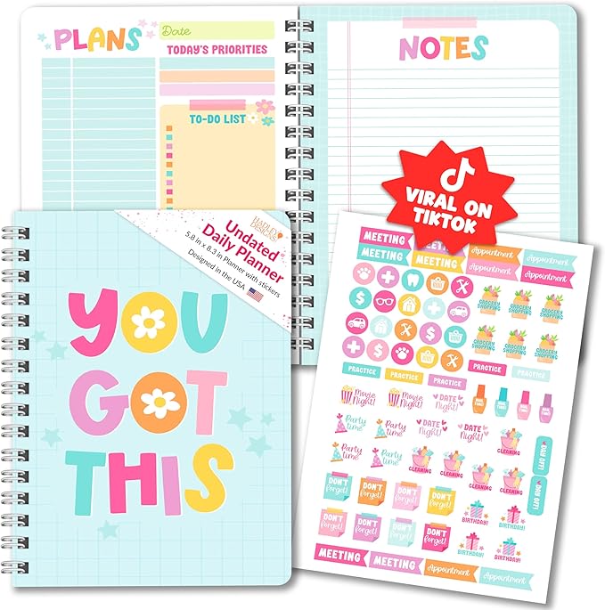 Hadley Designs Daily Planner Undated - Undated Daily Planner with Hourly Schedule, To Do List Notebook for Work, Day Planners for Kids & Adults, Teacher Supplies, Teacher Graduation Gifts