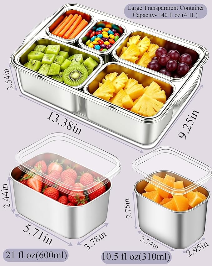 Snackle Box Container, 5-Compartment Stainless Steel Snack Box, Dishwasher Safety Snack Tray with Lid and Handle, Large Divided Serving Tray for Travel, Picnic, Beach, Pool and Parties