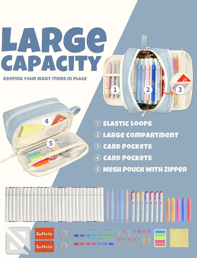 SUNEE Large Pencil Case, Big Capacity Pen Pouch with 3 Compartments, Kawaii Cute Pencil Bag with Zipper, High Storage Stationery Holder and Organizer, School Supplies for Teen and Adult Girls, Blue