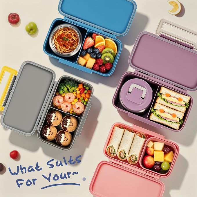 Bento Lunch Box for Kids With 8oz Food Thermo,BPA-Free for School | Lunch Container with 2 Compartments, Insulated Food Jar, Dishwasher Safe, Easy to Clean, Lunch Box for Girls Boys