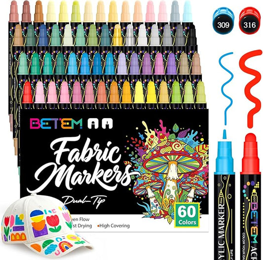 Betem 60 Colors Dual Tip Acrylic Paint Pens Markers, Fabric Decorating Kits Premium Water-Based Acrylic Paint Markers for Fabric, Rock, Wood, Glass, Eggs, Canvas, Ceramic, Easter Basket Stuffers