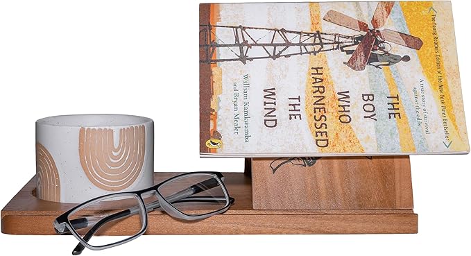 Wooden Triangle Book Stand & Reading Valet – Book Rest with Cup, Phone, Glasses & Pen Holder – Thumb Book Page Holder - Nightstand Book Holder & Gift for Book Lovers, Readers & Bibliophiles