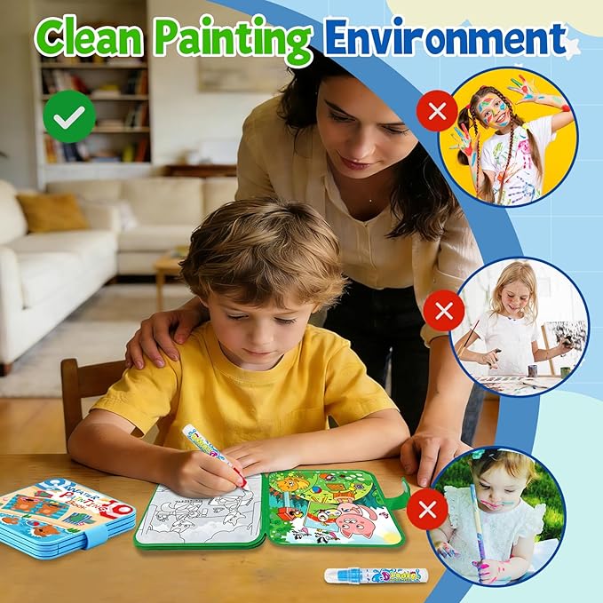 Elfew Water Painting Book for Toddlers 1-3,Mess Free Coloring for Toddlers,2 Pack Reusable Water Coloring Books with Water Pens,Magic Doodle Books