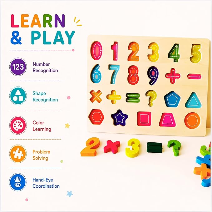 5-in-1 Wooden Puzzles for Toddlers 3-5 | Montessori Alphabet Number Shape Learning Toys | Magnetic Whiteboard, Flashcards & Markers | Preschool Educational Activity Kit | VYN & VYN (Rainbow)