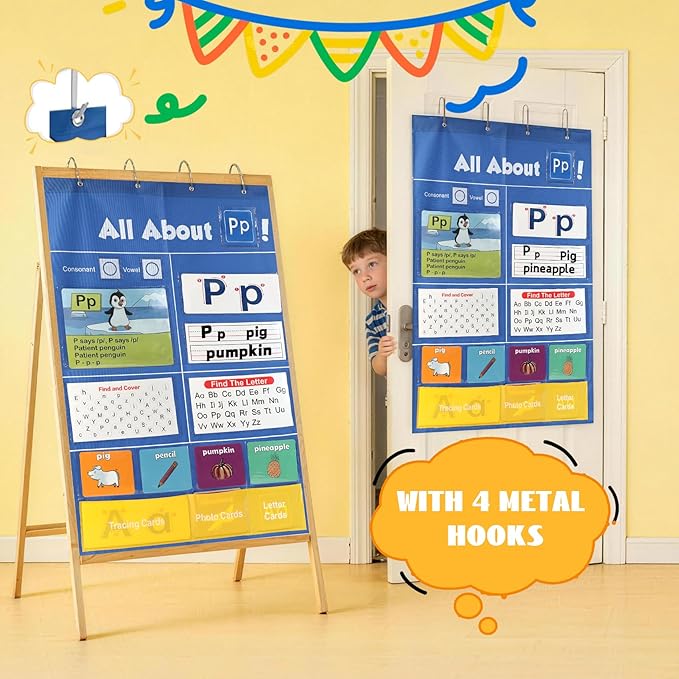 Alphabet Learning Pocket Chart, 41 * 28 Inch All About Letter Pocket Chart, ABC Letter Tracing & Sound Recognition Activity Wall Chart for Toddlers, Preschool & Homeschool Classroom Must Haves
