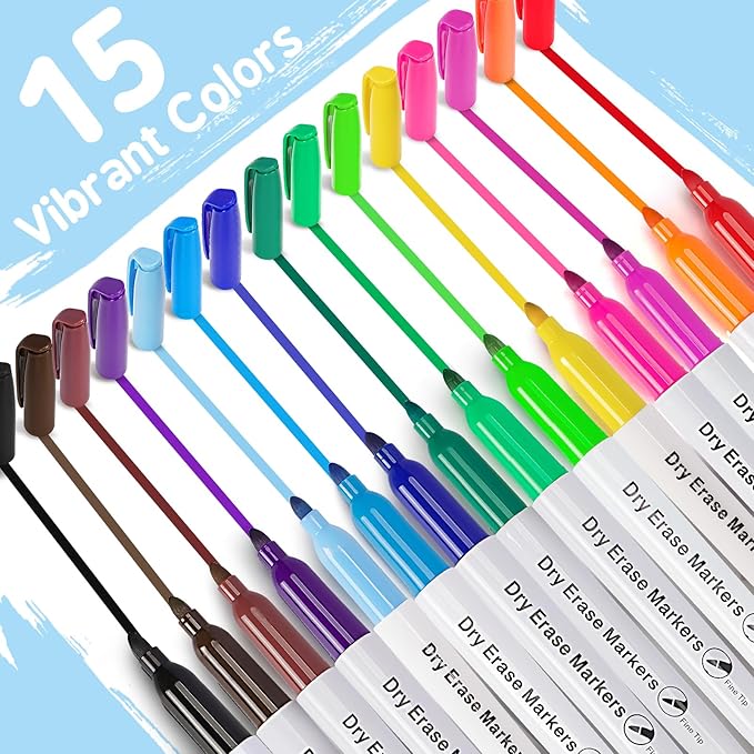V-Opitos 30 Pack Fine Tip Dry Erase Markers - Bulk Whiteboard Erasable Markers in 15 Colors, Ideal for School Classroom Office Supplies, Non-Toxic & Easy Clean for White board