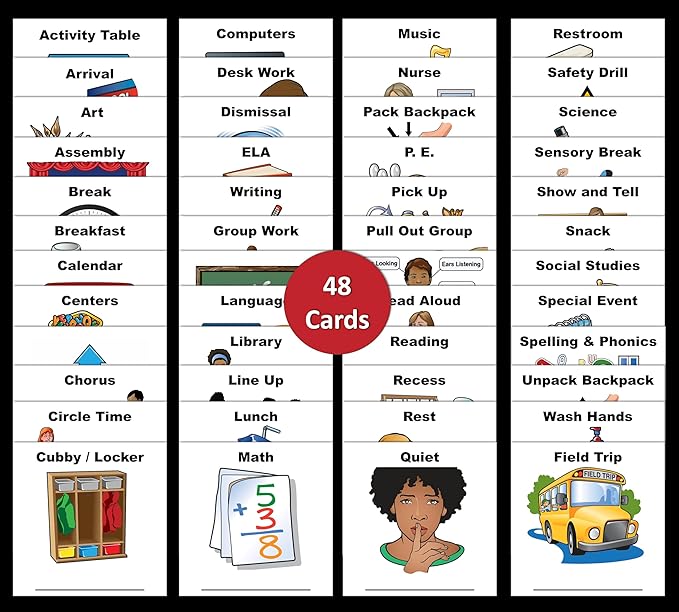 SchKIDules 48-Pc Large Classroom Visual Schedule Laminated Cards Set | 4.75" PreCut Dry Erase Friendly Icons | Pocket Chart & Daily Wall Calendar | Teacher Supplies & Classroom Management