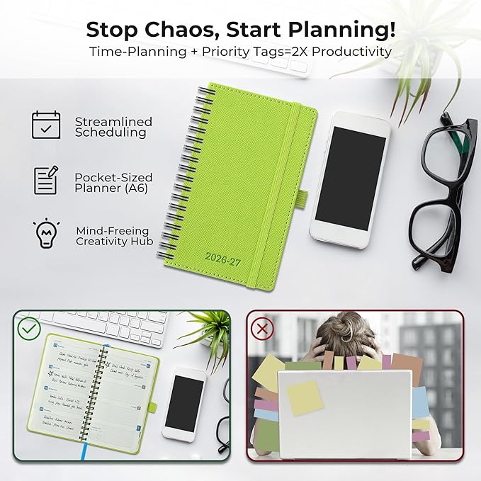 Planner 2026-2027 Daily Weekly and Monthly,6.5"x3.75",18 Months Spiral Bound Calendar Agenda with Self-adhesive Pen Holder,2026 Academic Plan with Vegan Leather Soft Cover,Wasabi Green