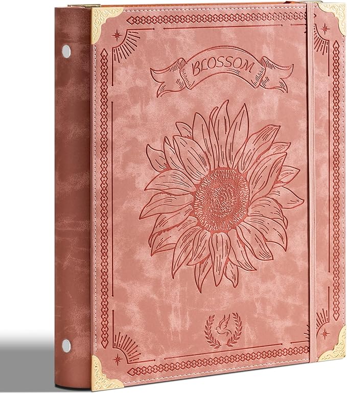 Ovesmusl Sunflower PU Leather 3 Ring Binder Fits 8.5"x11" Letter Size Paper, 2 Inch Round Ring Binder Holds 500 Sheets, Notepad Paper Cover Loose Leaf Organizer, Pink