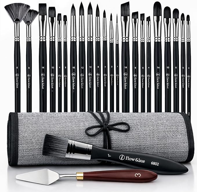Flow & Hue 25 Pce Professional Paint Brush Set – Acrylic, Watercolor, Oil & Gouache - 9 Brush Shapes (Flat, Round, Filbert, Fan, Angle, Liner) + Palette Knife & Waterproof Canvas Roll Case for Artists