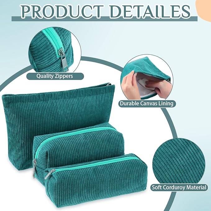 Huhumy 3 Pcs Makeup Bag Set for Women Corduroy Cosmetic Pouch Aesthetic Smile Travel Toiletry Bag Cute Purse Pouch Pencil Case Makeup Brushes Storage Organizer with Zipper(Dark Green,Solid Style)