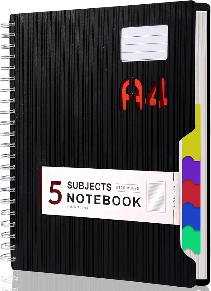 CAGIE 5 Subject Notebook with tabs 8.5'' x 11'', Hardcover Notebook with 5 Colored dividers, Spiral Notebook Wide Ruled for Work 262 Page, Multi-Subject Notebooks for School Office Supplies, Black