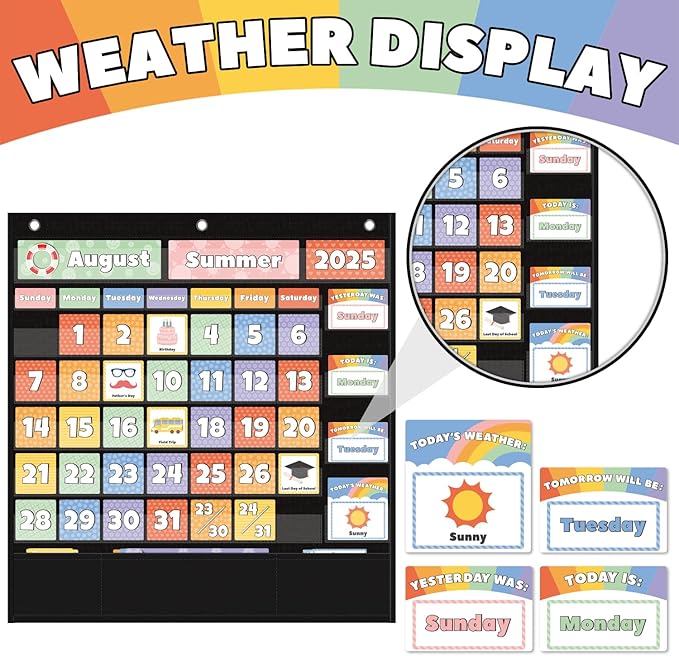 All-in-One Calendar Weather Pocket Chart - Interactive Preschool Learning Board for Morning Meeting Circle Time, with Seasons Months Days Weather Cards (Homeschool/Daycare)